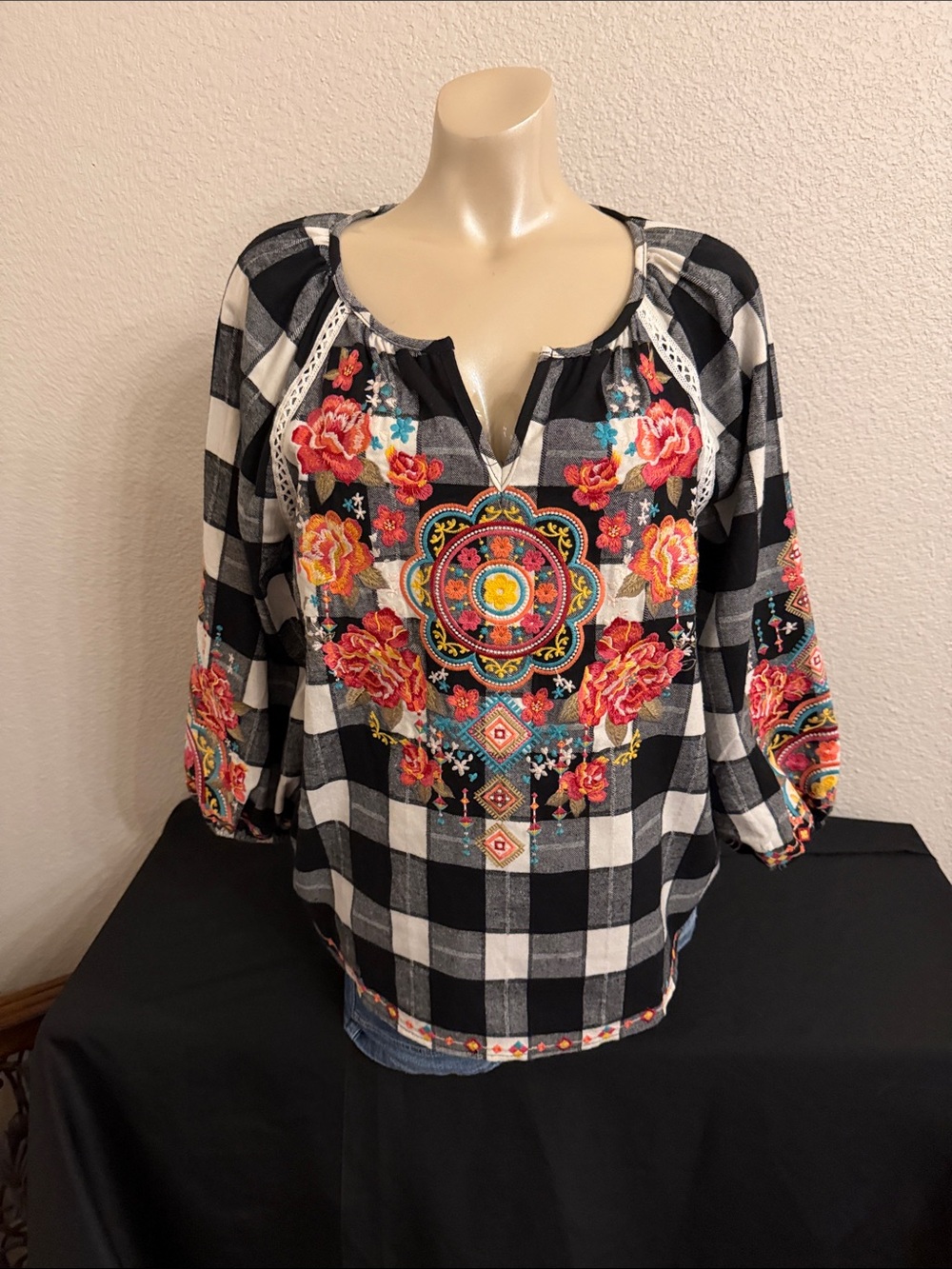Savanna Jane Black & White Plaid Peasant Top with Multicolor Floral Embroidery